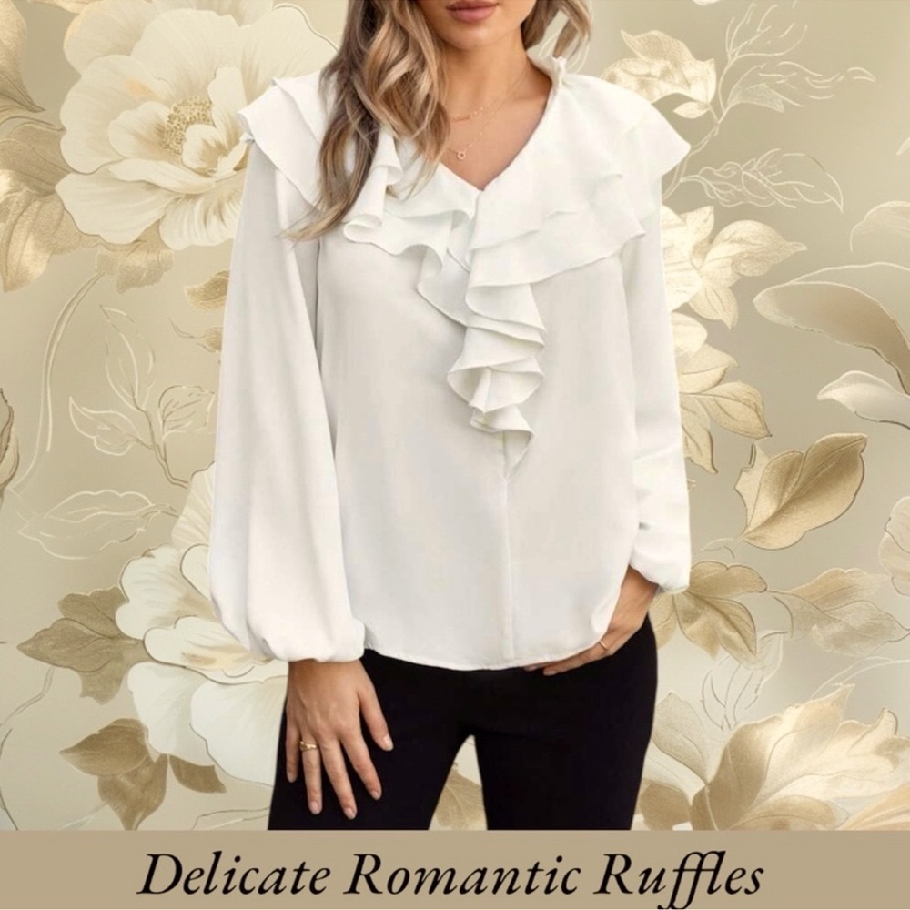 Vintage Silk Blouse Cottagecore Ruffle Dressy White Vneck Long Sleeve Size Large
